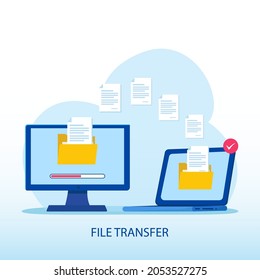 concepto de transferencia de archivos, datos de backup, nube de tecnología, carga y descarga, plantilla plana vectorial Style Adecuado para Web Landing Page