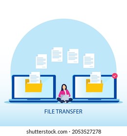 file transfer concept, backup data, technology cloud, upload and download, Flat vector template Style Suitable for Web Landing Page