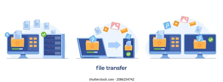 File Transfer Concept, Backup Data, Document Save On Storage, Technology Cloud, Upload And Download, Flat Illustration Vector Template