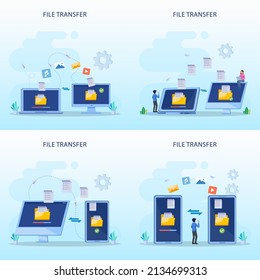 file transfer concept, backup data, technology cloud, upload and download, Flat vector template	