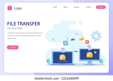 file transfer concept, backup data, technology cloud, upload and download, Flat vector template	