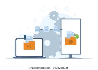 file transfer concept, cloud technology, upload and download, data backup, document storage, business characters transferring files between devices, flat vector illustration on background.