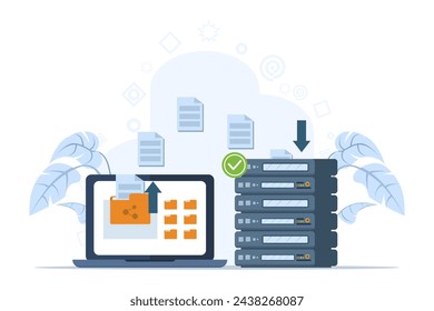 concepto de transferencia de archivos, tecnología en la nube, carga y descarga, copia de seguridad de datos, almacenamiento de documentos, caracteres de negocios que transfieren archivos entre dispositivos, ilustración vectorial plana en el fondo.