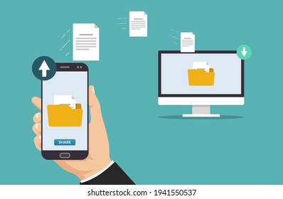 File transfer concept. Hand holding smartphone transferring folder and files to computer vector illustration.