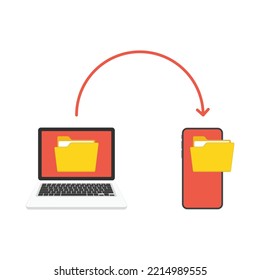 File transfer concept. Laptops and smartphone with yellow folders on screen and transferred documents. Copy files, data exchange, backup or PC migration concepts. Vector illustration in flat style.