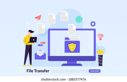 file transfer concept, sharing files between devices with folders on screen and transferred documents, Backup files, flat icon,suitable for web landing page, banner, vector template