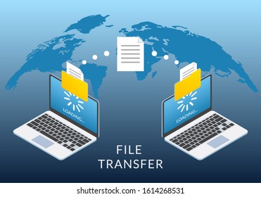 File transfer concept. Two Laptop computers with folders send and upload documents. File copy, data or information exchange design.