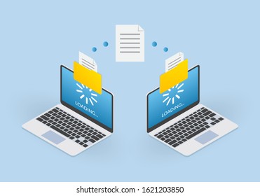 File transfer concept. Two Laptop computers with folders send and upload documents. File copy, data or information exchange design. Vector illustration.