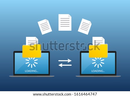 File transfer concept. Two Laptop computers with folders send and upload documents. File copy, data or information exchange design. Vector illustration.