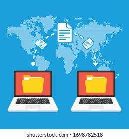 File transfer concept. Two laptops with yellow folders on screen and transferred documents. Copy files, data exchange, backup or PC migration concepts. Vector illustration in flat style. EPS 10.