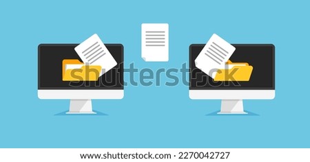 File transfer concept. Uploading documents to internet, copy to cloud storage or pc. Download process. Data exchange, backup. Vector illustration in trendy flat style.