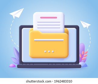 File transfer concept. Yellow folder with document on computer monitor. 3d vector illustration.