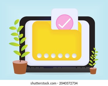 File transfer concept. Yellow folder with document on computer monitor. 3d vector illustration