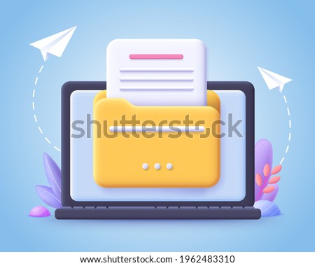 File transfer concept. Yellow folder with document on computer monitor. 3d vector illustration.