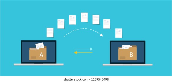 ファイル転送 データ転送ドキュメント イラスト転送データ コピーファイル 同期 データ 共有ファイル図2台のノートパソコンと 画面上にフォルダと転送されたドキュメントを示します のベクター画像素材 ロイヤリティフリー Shutterstock