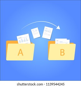 File transfer / Data Transfer Document, illustration transfer data/ copy file / sync 
 data / sharing file. illustration two folders on screen and transferred documents.