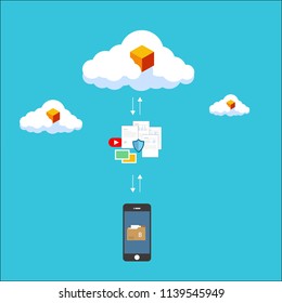 File transfer / Data Transfer Document, illustration transfer data/ copy file / sync 
 data / sharing file. illustration mobile phone or handphone with folders on screen and transferred documents.