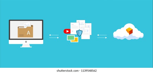 File transfer / Data Transfer Document, illustration transfer data/ copy file / sync 
 data / sharing file. illustration PC with folders on screen transferred data to cloud server