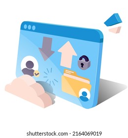 File transfer, data exchange service, digital document transfer concept. A 3D model of a computer screen showing a data service website. Vector graphics on a white background