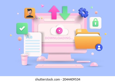 File Transfer, Data Sharing Service, Digital Document Transfer Concept With 3d Shapes, Folder, Cog, Cloud, Infographic On Blue Background. 3d Vector Illustration