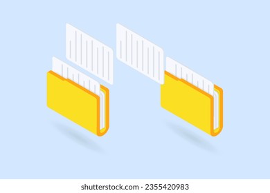 File transfer. Document exchange between folders. Remote connection, data backup, technology cloud, download, upload, save on storage, transmission service, network system concept. Isometric 3d vector