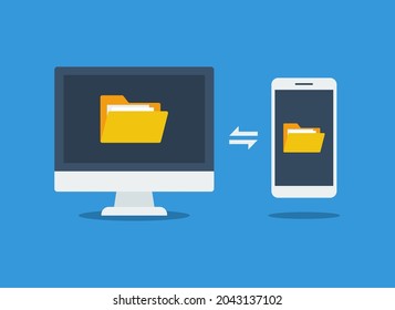 File Transfer. Files transferred Encrypted Form. Computer and smartphone with folders on screen. Copy files, data exchange, backup, PC migration, file sharing concepts. Suitable for many purposes.