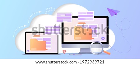 File transfer. Files transferred encrypted form. Program for remote connection to computer. Full access to remote files and folders. Data Center concept based. Database with cloud server. Web banner