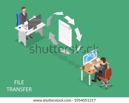 File transfer flat isometric vector concept. Circular arrows are moving indicating data exchange between two office employees.