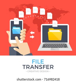 File transfer. Hand holding smartphone with folder on screen and documents transferred to laptop. Copy files, backup, file sharing concepts. Modern flat design graphic elements. Vector illustration