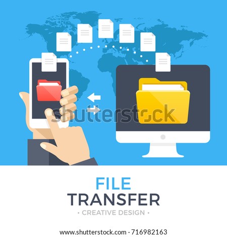 File transfer. Hand holding smartphone with folder on screen and documents transferred to computer. Copy files, exchange, file sharing concept. Modern flat design graphic elements. Vector illustration