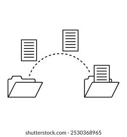 Ícone de transferência de arquivo. Documentos movendo-se entre pastas. Conexão de linha tracejada. Estilo de contorno simples.