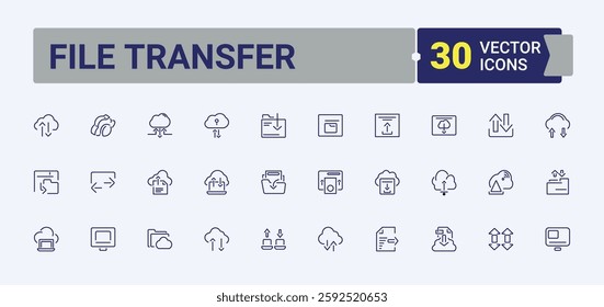 File Transfer icon set. Containing document, on, button, direction, down, business, web, data. Line with editable stroke. Vector illustration.