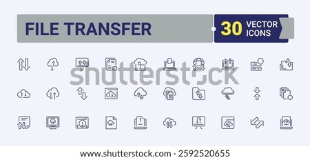 File Transfer icon set. Containing document, on, button, direction, down, business, web, data. Line with editable stroke. Vector illustration.