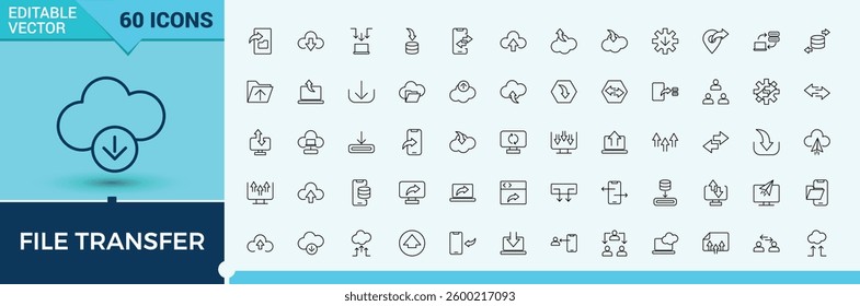 File Transfer icon set. Included downloading, uploading, up, load, file, download, down and more. Line symbol. App icon collection. Editable stroke. Vector collection.