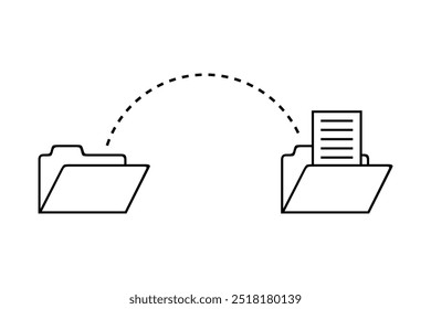 File transfer illustration. Dashed line connecting two folders. Document moving between folders. Simple outline style.