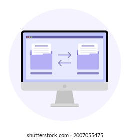 File transfer illustration. Two folders with documents and files transferring. Flat vector illustration isolated.
