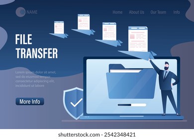 Plantilla de la página de destino de transferencia de archivos. Intercambio de archivos. Hombre de negocios inteligente enviar documentos. Concepto de tecnología de nubes. Portátil con carpeta en la pantalla. Fondo de documentos de Cargar y Descarga. Vector plano