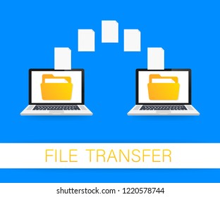File transfer. laptops with folders on screen and transferred documents. Copy files, data exchange, backup. Vector stock illustration.