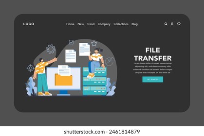 File Transfer night or dark mode web or landing page. Efficient data sharing and server communication depicted. Highlighting the ease of digital document exchange. Flat vector illustration.