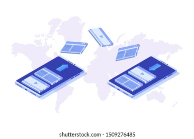 File transfer on smartphone isometric concept.  Syncing, Cloud technology. Vector illustration