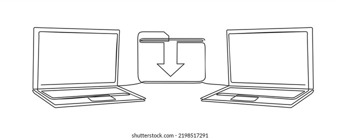 Transferencia de archivos. Un plano de línea continuo de dos laptops con carpetas en pantalla y documentos transferidos. Copiar archivos, intercambio de datos, copia de seguridad, migración de PC, conceptos de uso compartido de archivos. 