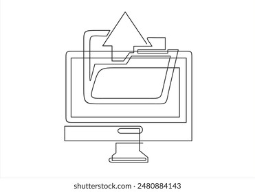 	
Transferencia de archivos. Un dibujo continuo de la línea del monitor con la carpeta en la pantalla y los documentos transferidos. Copiar archivos, intercambio de datos, copia de seguridad, migración de PC, conceptos de uso compartido de archivos.