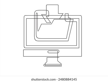 	
Dateiübertragung. Eine durchgehende Linienzeichnung des Monitors mit Ordner auf dem Bildschirm und übertragenen Dokumenten. Kopieren von Dateien, Datenaustausch, Backup, PC-Migration, Dateifreigabekonzepte.