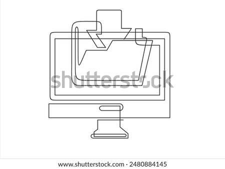 	
File transfer. One continuous line drawing of monitor with folder on screen and transferred documents. Copy files, data exchange, backup, PC migration, file sharing concepts.