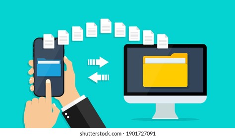 File Transfer From Phone To Computer. Folder With Data In Cellphone. Send, Backup, Copy, Share Document For Sharing. Icon Of Download And Exchange Of Information In Cloud Online. Flying Files. Vector.