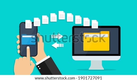 File transfer from phone to computer. Folder with data in cellphone. Send, backup, copy, share document for sharing. Icon of download and exchange of information in cloud online. Flying files. Vector.