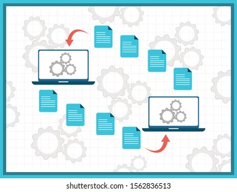File transfer picture with two monitors with folders on screen and transferred documents