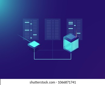 File Transfer Process, Processing Big Data, Server Room, Data Center, Cloud Storage Concept, Internet Conection, Network Topology Neon Isometric Gradient