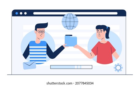 File transfer. Two company share data folders on screen and transferred documents. Two corporate Send, backup, copy, share document for data sharing. Vector illutration flat style