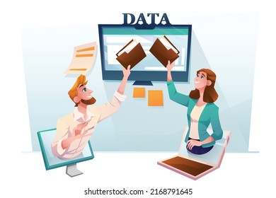File transfer. Two company share data folders on screen and transferred documents. Two corporate Send, backup, copy, share document for data sharing. Vector illutration flat style